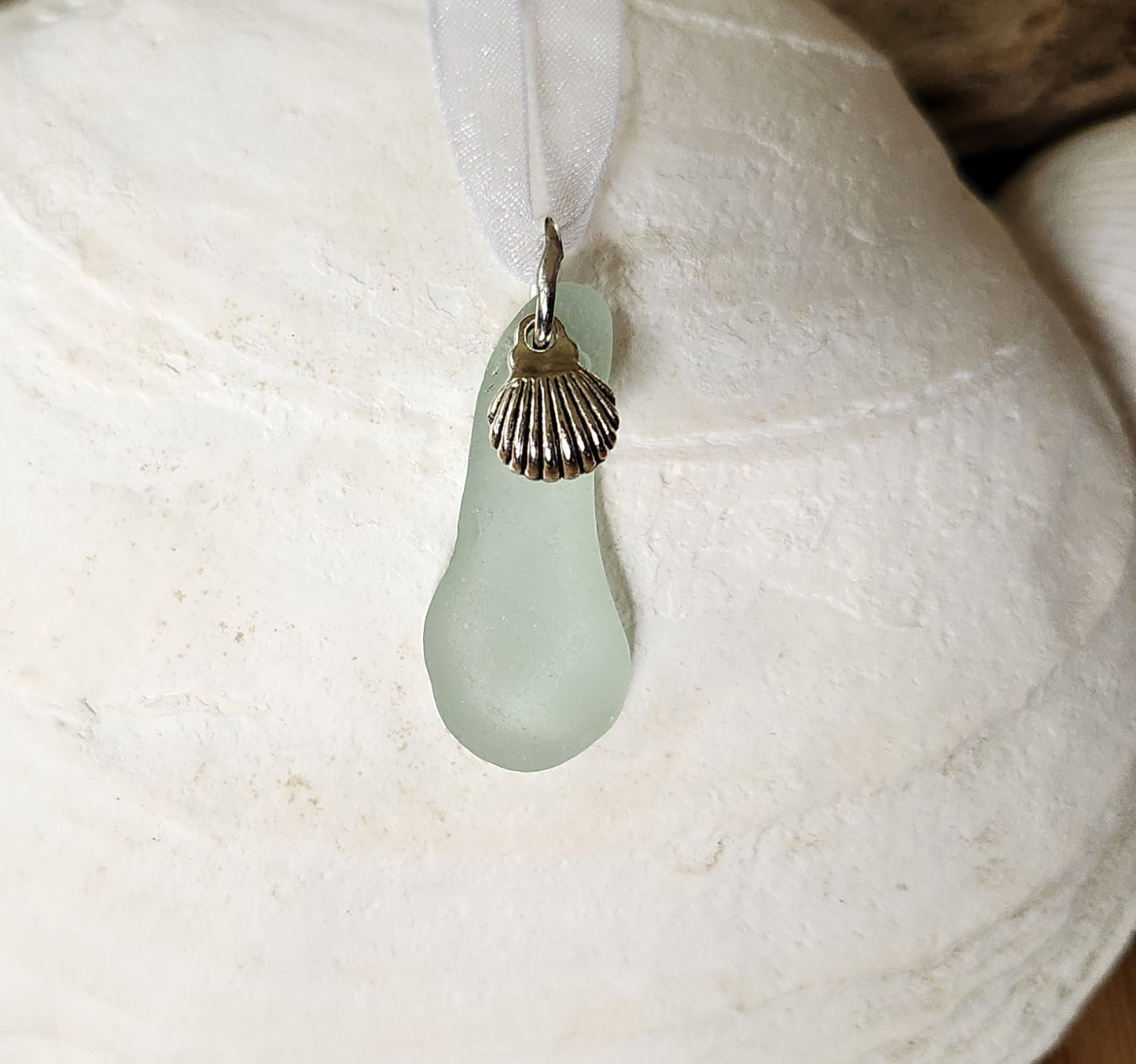 Gorgeous Frosty-blue sea glass with Clam charm